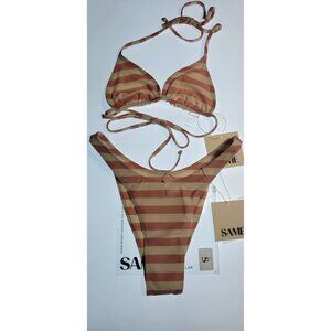 SAME Los Angeles Striped Bikini Set Triangle Top & High Cut Bottom Size S NWT